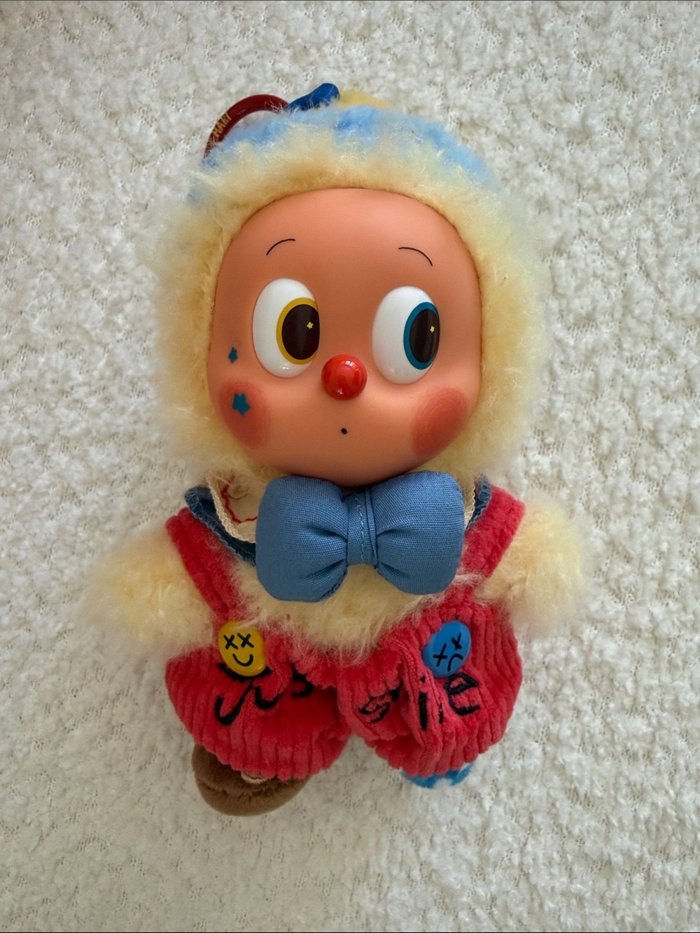 Cute Plush Clown Doll with Blue Bow and Red Outfit